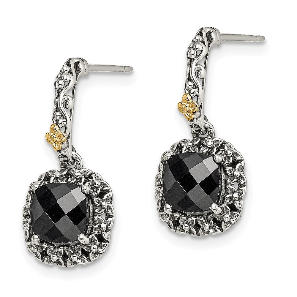 QTC1544 Shey Couture Sterling Silver with 14K Accent Antiqued Checkerboard-cut Black Onyx Post Dangle Earrings