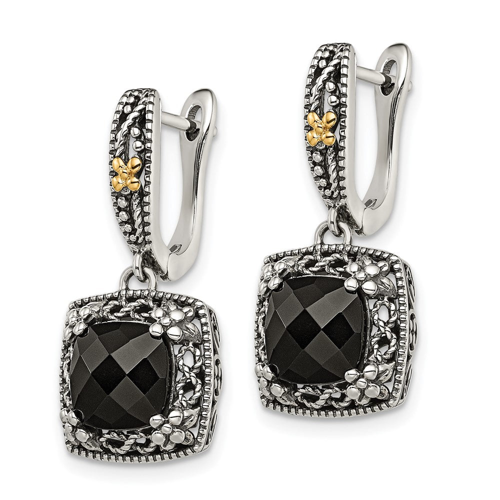 QTC1545 Shey Couture Sterling Silver with 14K Accent Antiqued Checkerboard-cut Black Onyx Hinged Hoop Dangle Earrings