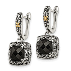 QTC1545 Shey Couture Sterling Silver with 14K Accent Antiqued Checkerboard-cut Black Onyx Hinged Hoop Dangle Earrings
