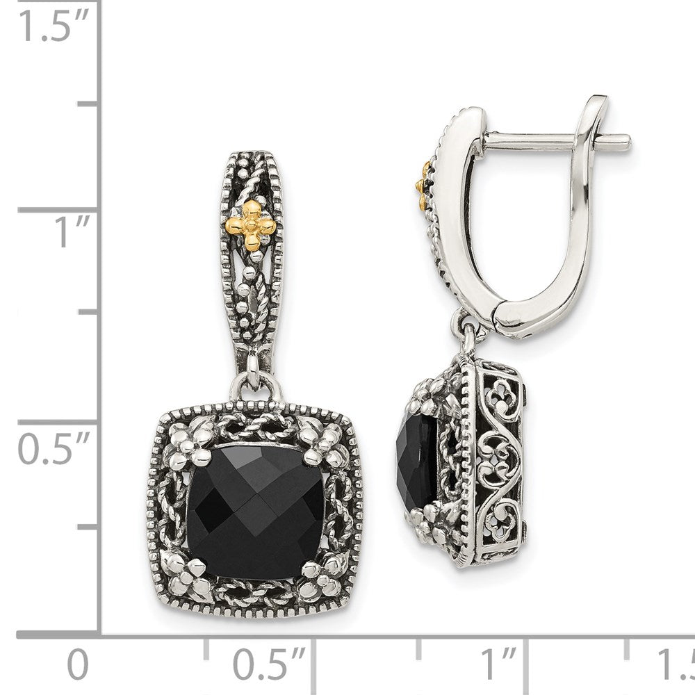 QTC1545 Shey Couture Sterling Silver with 14K Accent Antiqued Checkerboard-cut Black Onyx Hinged Hoop Dangle Earrings