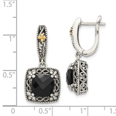 QTC1545 Shey Couture Sterling Silver with 14K Accent Antiqued Checkerboard-cut Black Onyx Hinged Hoop Dangle Earrings