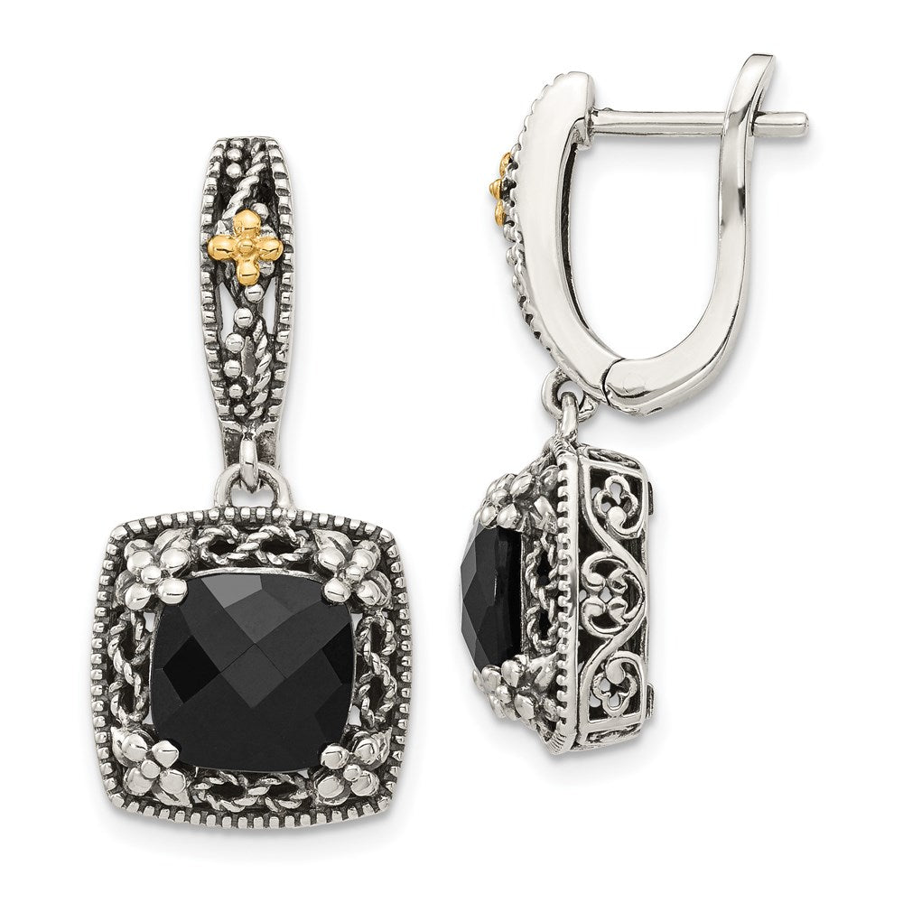 QTC1545 Shey Couture Sterling Silver with 14K Accent Antiqued Checkerboard-cut Black Onyx Hinged Hoop Dangle Earrings