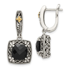 QTC1545 Shey Couture Sterling Silver with 14K Accent Antiqued Checkerboard-cut Black Onyx Hinged Hoop Dangle Earrings
