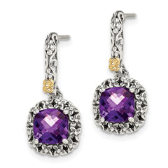 QTC1560 Shey Couture Sterling Silver with 14K Accent Antiqued Cushion Amethyst Post Dangle Earrings