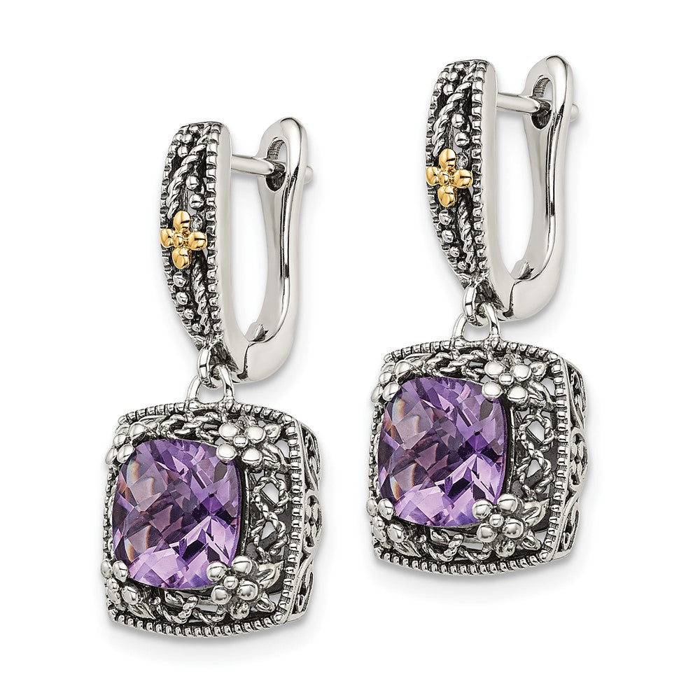 QTC1563 Shey Couture Sterling Silver with 14K Accent Antiqued Cushion Amethyst Hinged Hoop Dangle Earrings