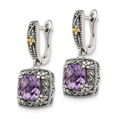 QTC1563 Shey Couture Sterling Silver with 14K Accent Antiqued Cushion Amethyst Hinged Hoop Dangle Earrings