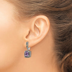 QTC1563 Shey Couture Sterling Silver with 14K Accent Antiqued Cushion Amethyst Hinged Hoop Dangle Earrings