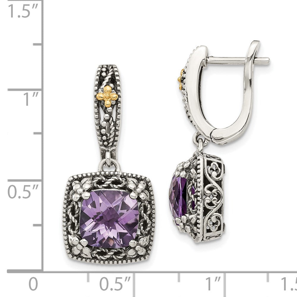 QTC1563 Shey Couture Sterling Silver with 14K Accent Antiqued Cushion Amethyst Hinged Hoop Dangle Earrings