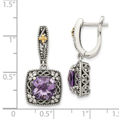 QTC1563 Shey Couture Sterling Silver with 14K Accent Antiqued Cushion Amethyst Hinged Hoop Dangle Earrings