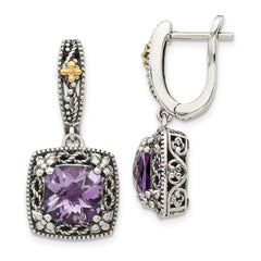 QTC1563 Shey Couture Sterling Silver with 14K Accent Antiqued Cushion Amethyst Hinged Hoop Dangle Earrings
