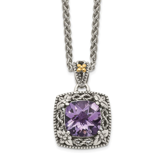 Shey Couture Sterling Silver with 14K Accent 18 Inch Antiqued Cushion Amethyst Necklace QTC1564