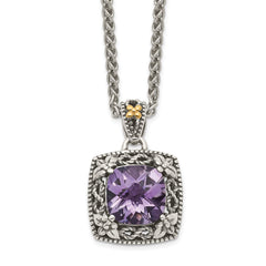 Shey Couture Sterling Silver with 14K Accent 18 Inch Antiqued Cushion Amethyst Necklace QTC1564