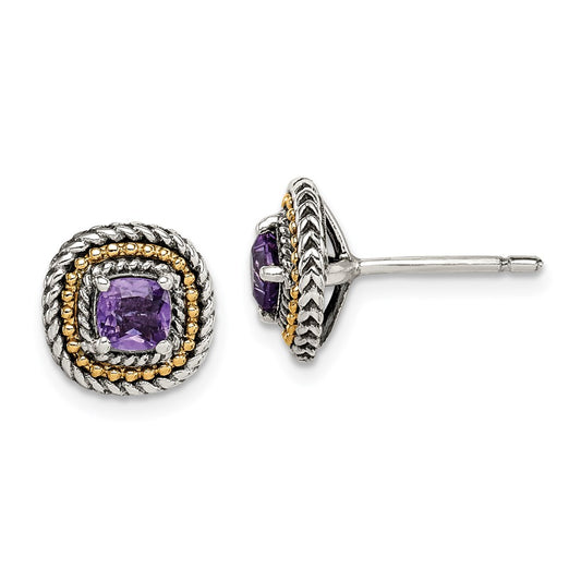 QTC1571 Shey Couture Sterling Silver with 14K Accent Antiqued Cushion Amethyst Post Earrings