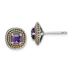 QTC1571 Shey Couture Sterling Silver with 14K Accent Antiqued Cushion Amethyst Post Earrings