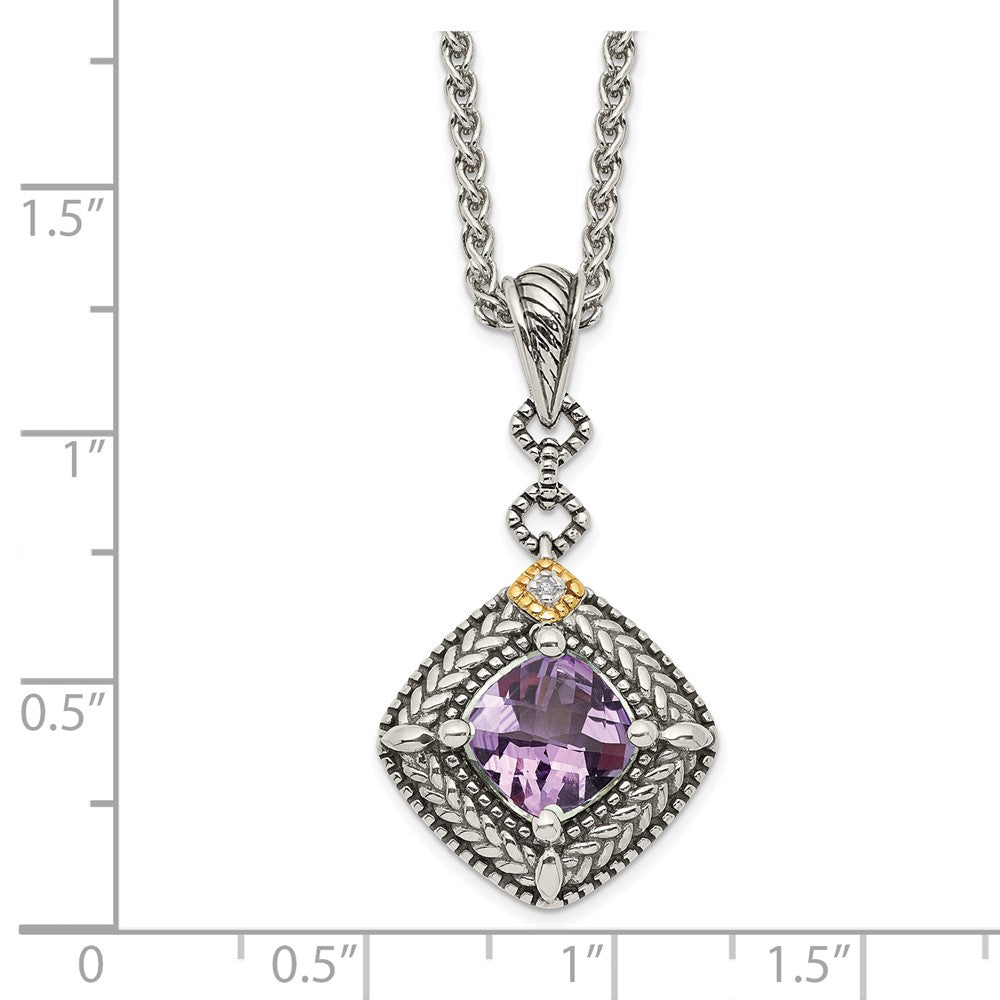 Shey Couture Sterling Silver with 14K Accent 18 Inch Antiqued Cushion Amethyst and Diamond Necklace QTC1577
