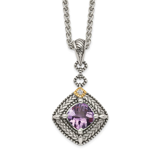 Shey Couture Sterling Silver with 14K Accent 18 Inch Antiqued Cushion Amethyst and Diamond Necklace QTC1577