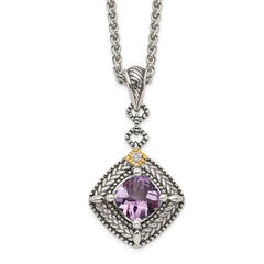 Shey Couture Sterling Silver with 14K Accent 18 Inch Antiqued Cushion Amethyst and Diamond Necklace QTC1577