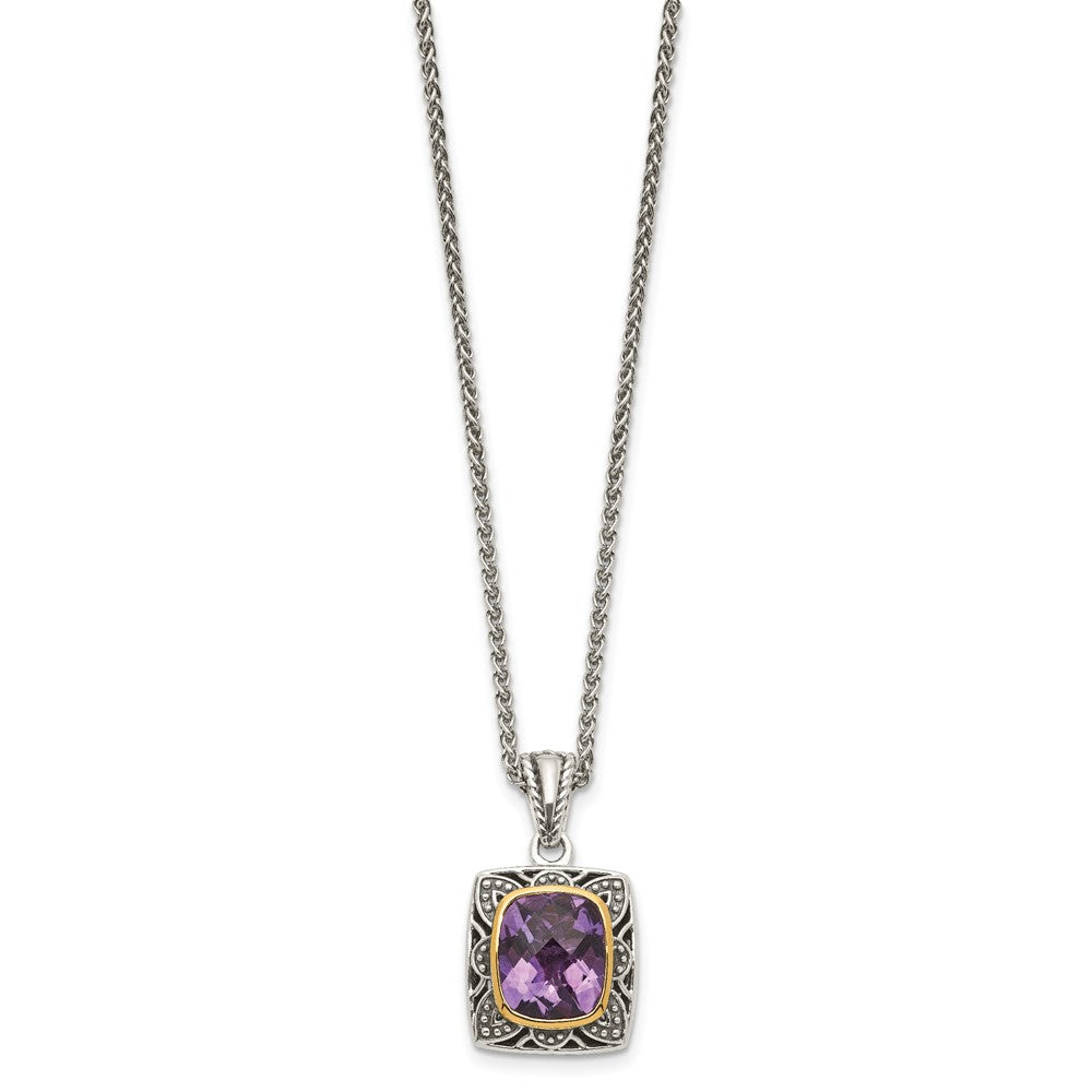 Shey Couture Sterling Silver with 14K Accent 18 Inch Antiqued Checkerboard-cut Cushion Bezel Amethyst Necklace QTC1581