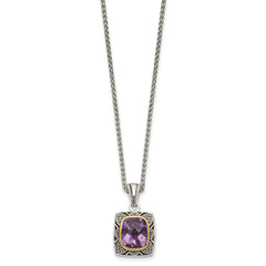 Shey Couture Sterling Silver with 14K Accent 18 Inch Antiqued Checkerboard-cut Cushion Bezel Amethyst Necklace QTC1581