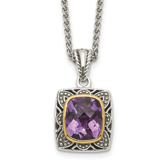 Shey Couture Sterling Silver with 14K Accent 18 Inch Antiqued Checkerboard-cut Cushion Bezel Amethyst Necklace QTC1581