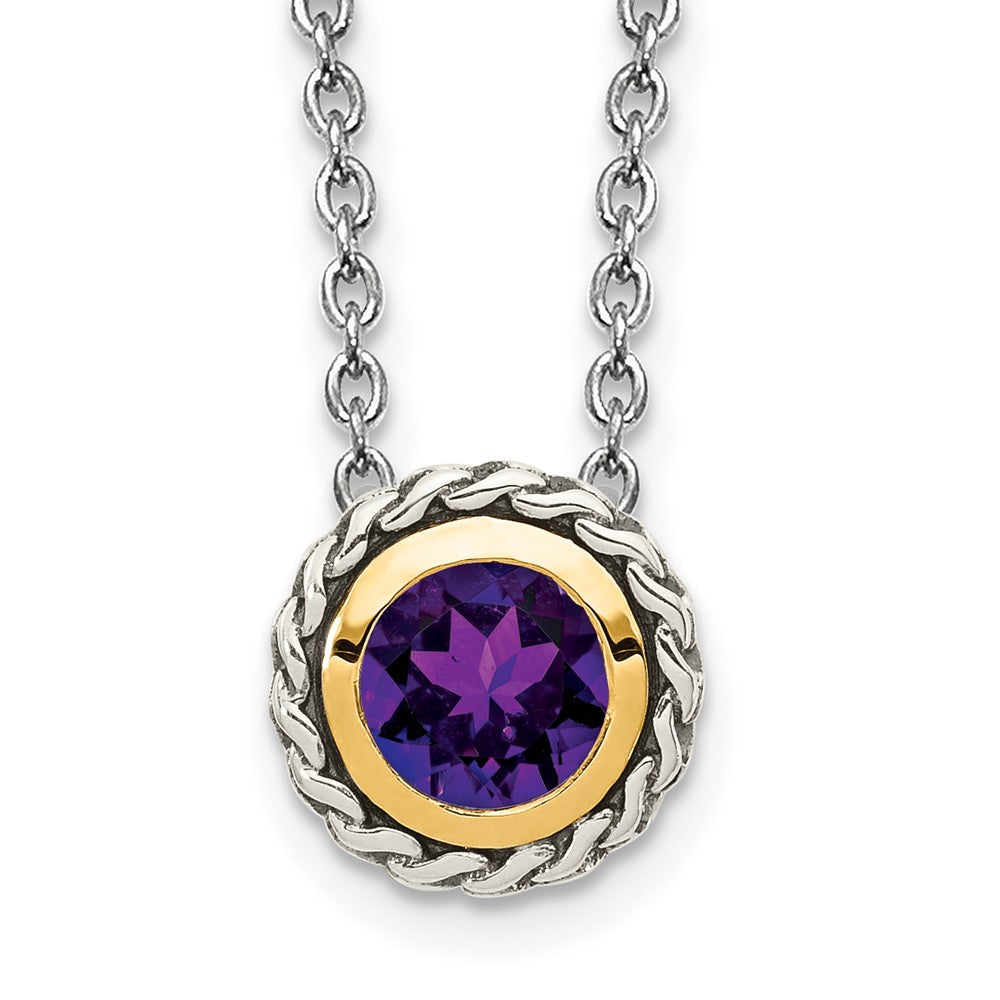 Shey Couture Sterling Silver with 14K Accent 18 Inch Antiqued Round Bezel Amethyst Necklace QTC1586
