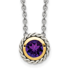Shey Couture Sterling Silver with 14K Accent 18 Inch Antiqued Round Bezel Amethyst Necklace QTC1586