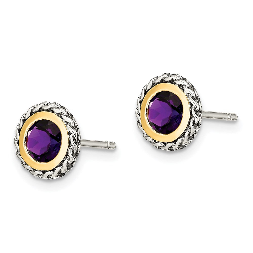 QTC1589 Shey Couture Sterling Silver with 14K Accent Antiqued Round Bezel Amethyst Post Earrings