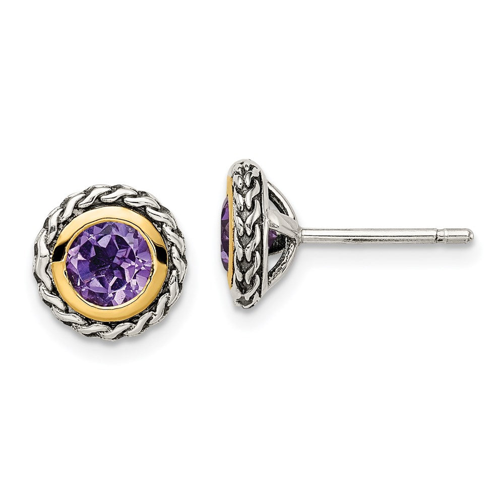 QTC1589 Shey Couture Sterling Silver with 14K Accent Antiqued Round Bezel Amethyst Post Earrings
