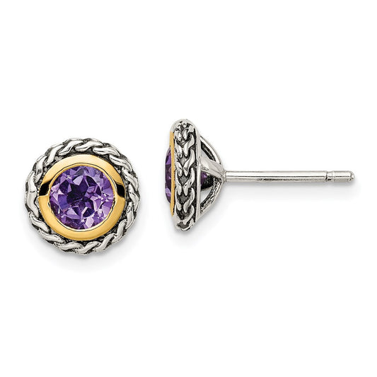 QTC1589 Shey Couture Sterling Silver with 14K Accent Antiqued Round Bezel Amethyst Post Earrings