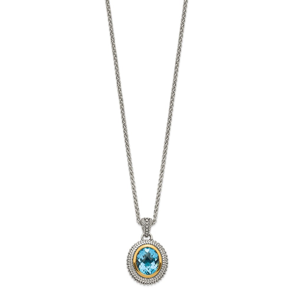 Shey Couture Sterling Silver with 14K Accent 18 Inch Antiqued Oval Bezel Light Swiss Blue Topaz Necklace QTC1597