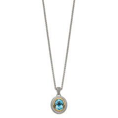 Shey Couture Sterling Silver with 14K Accent 18 Inch Antiqued Oval Bezel Light Swiss Blue Topaz Necklace QTC1597