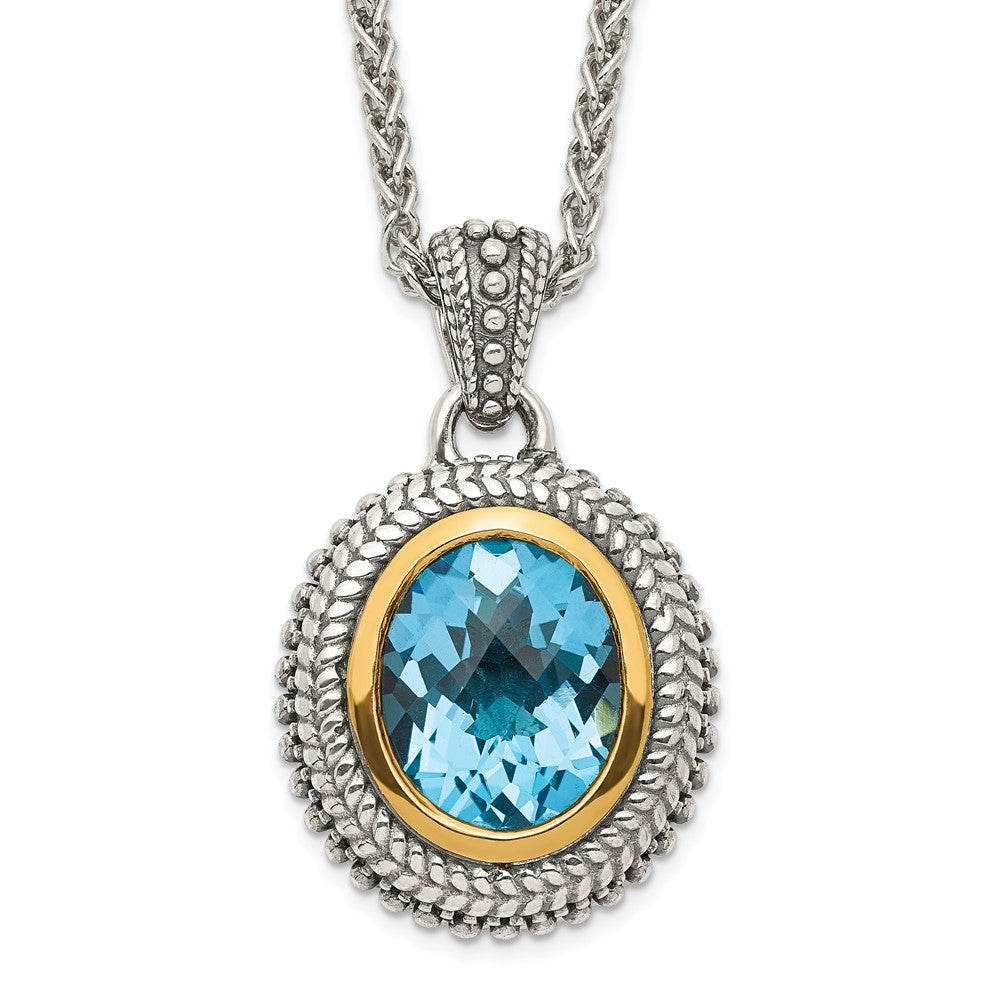 Shey Couture Sterling Silver with 14K Accent 18 Inch Antiqued Oval Bezel Light Swiss Blue Topaz Necklace QTC1597