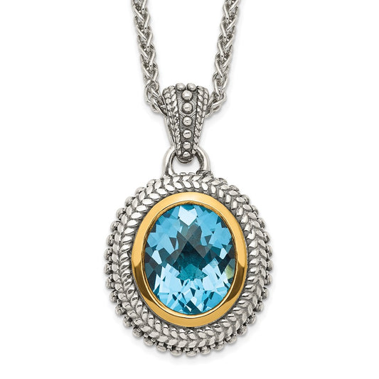 Shey Couture Sterling Silver with 14K Accent 18 Inch Antiqued Oval Bezel Light Swiss Blue Topaz Necklace QTC1597