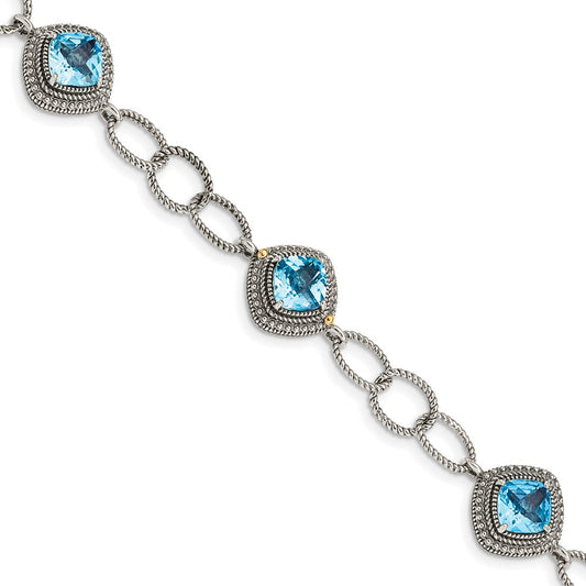 Shey Couture Sterling Silver with 14K Accent 7.5 Inch Antiqued Cushion Light Swiss Blue Topaz Bracelet QTC1603