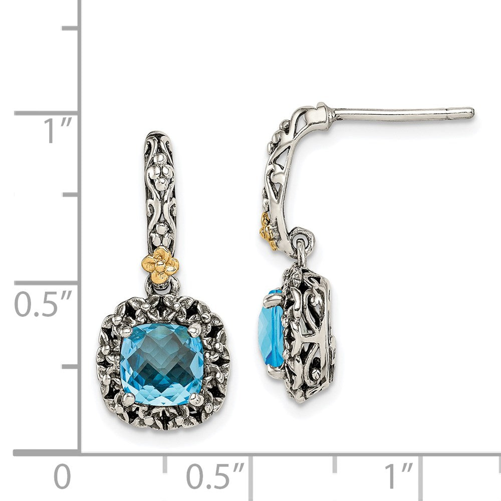 QTC1608 Shey Couture Sterling Silver with 14K Accent Antiqued Cushion Checkerboard Blue Topaz Post Dangle Earrings