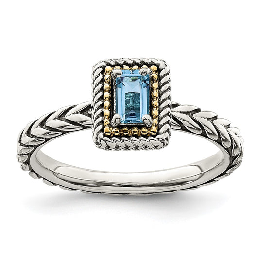 Shey Couture Sterling Silver with 14K Accent Antiqued Emerald-cut Light Swiss Blue Topaz Ring