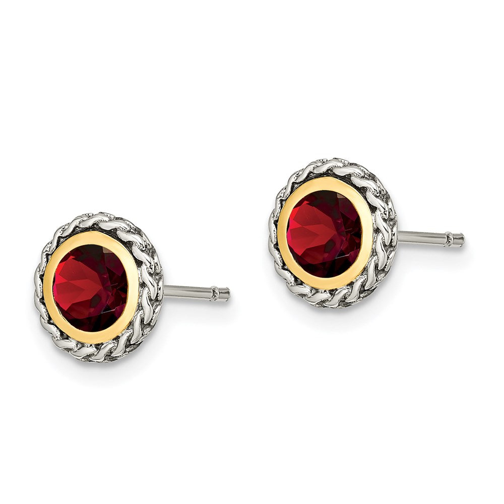 QTC1640 Shey Couture Sterling Silver with 14K Accent Antiqued Round Bezel Garnet Post Earrings