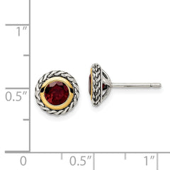 QTC1640 Shey Couture Sterling Silver with 14K Accent Antiqued Round Bezel Garnet Post Earrings