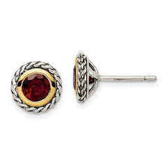 QTC1640 Shey Couture Sterling Silver with 14K Accent Antiqued Round Bezel Garnet Post Earrings