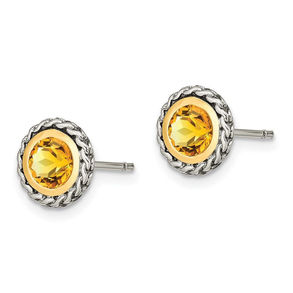 QTC1643 Shey Couture Sterling Silver with 14K Accent Antiqued Round Bezel Citrine Post Earrings
