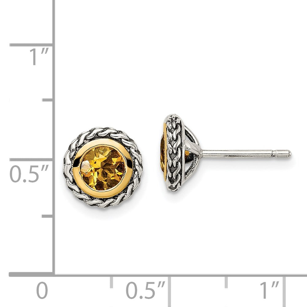 QTC1643 Shey Couture Sterling Silver with 14K Accent Antiqued Round Bezel Citrine Post Earrings