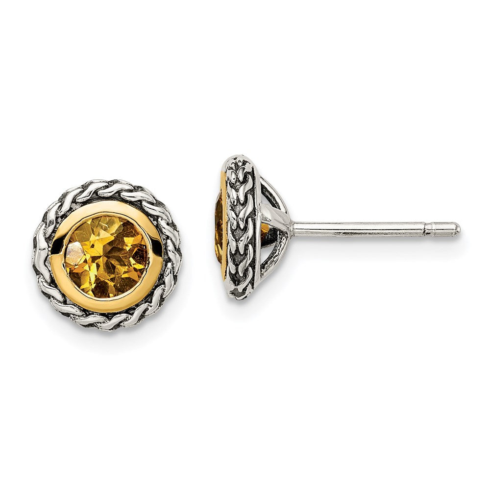 QTC1643 Shey Couture Sterling Silver with 14K Accent Antiqued Round Bezel Citrine Post Earrings