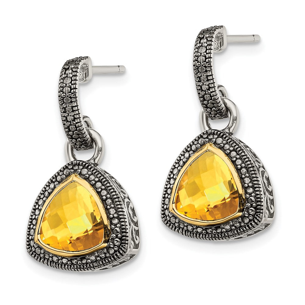 QTC1649 Shey Couture Sterling Silver with 14K Accent Antiqued Trillion Bezel Citrine Dangle Earrings