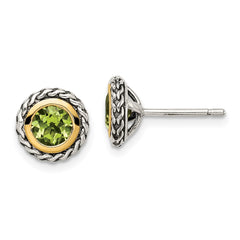 QTC1657 Shey Couture Sterling Silver with 14K Accent Antiqued Round Bezel Peridot Post Earrings