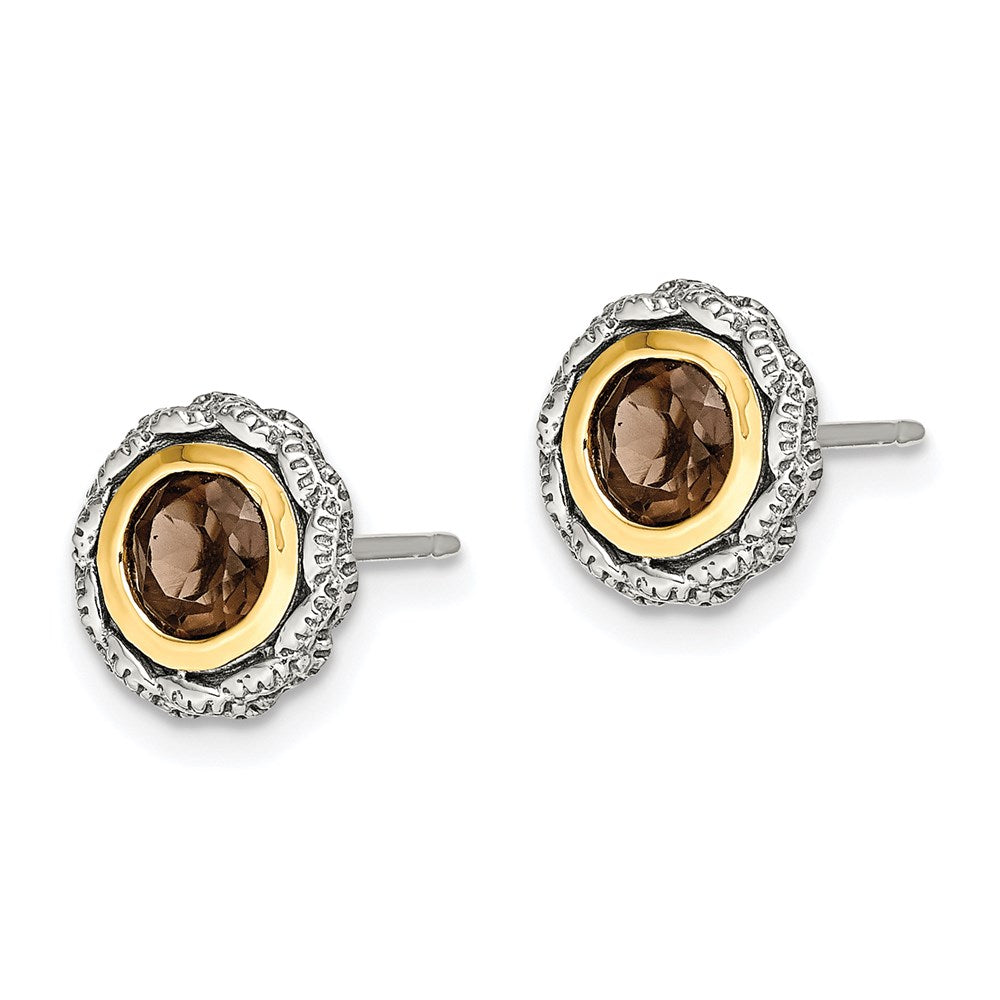 QTC1668 Shey Couture Sterling Silver with 14K Accent Antiqued Round Bezel Smoky Quartz Post Earrings