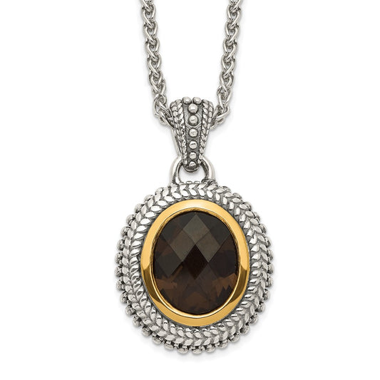 Shey Couture Sterling Silver with 14K Accent 18 Inch Antiqued Oval Bezel Smoky Quartz Necklace QTC1675