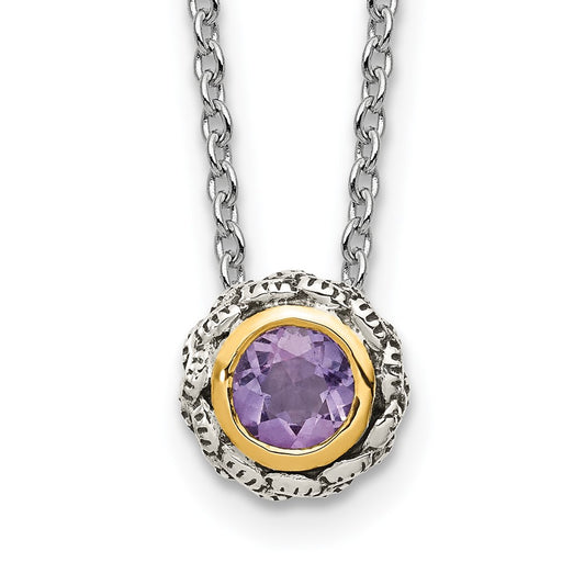 Shey Couture Sterling Silver Antiqued with 14K Accent 18 Inch Antiqued Round Bezel Pink Quartz Necklace QTC1687