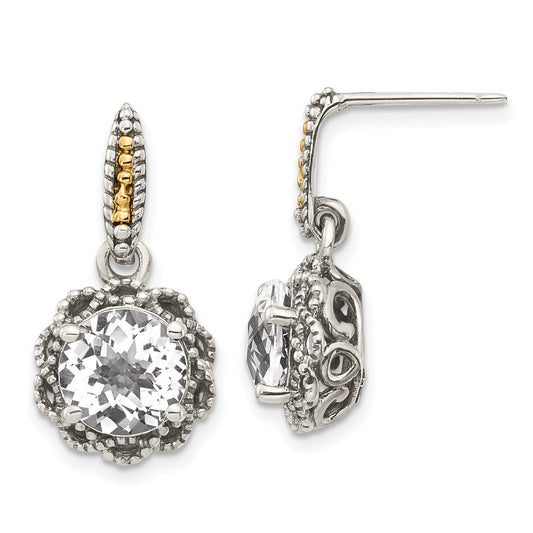 QTC1692 Shey Couture Sterling Silver with 14K Accent Antiqued Round White Topaz Dangle Post Earrings