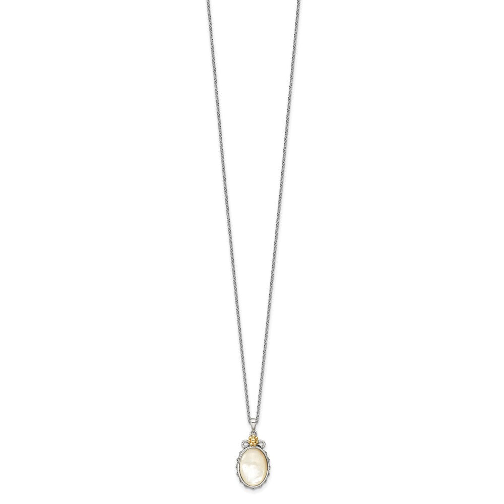 Shey Couture Sterling Silver with 14K Accent 18 Inch Floral Oval Mother Of Pearl Necklace QTC1745