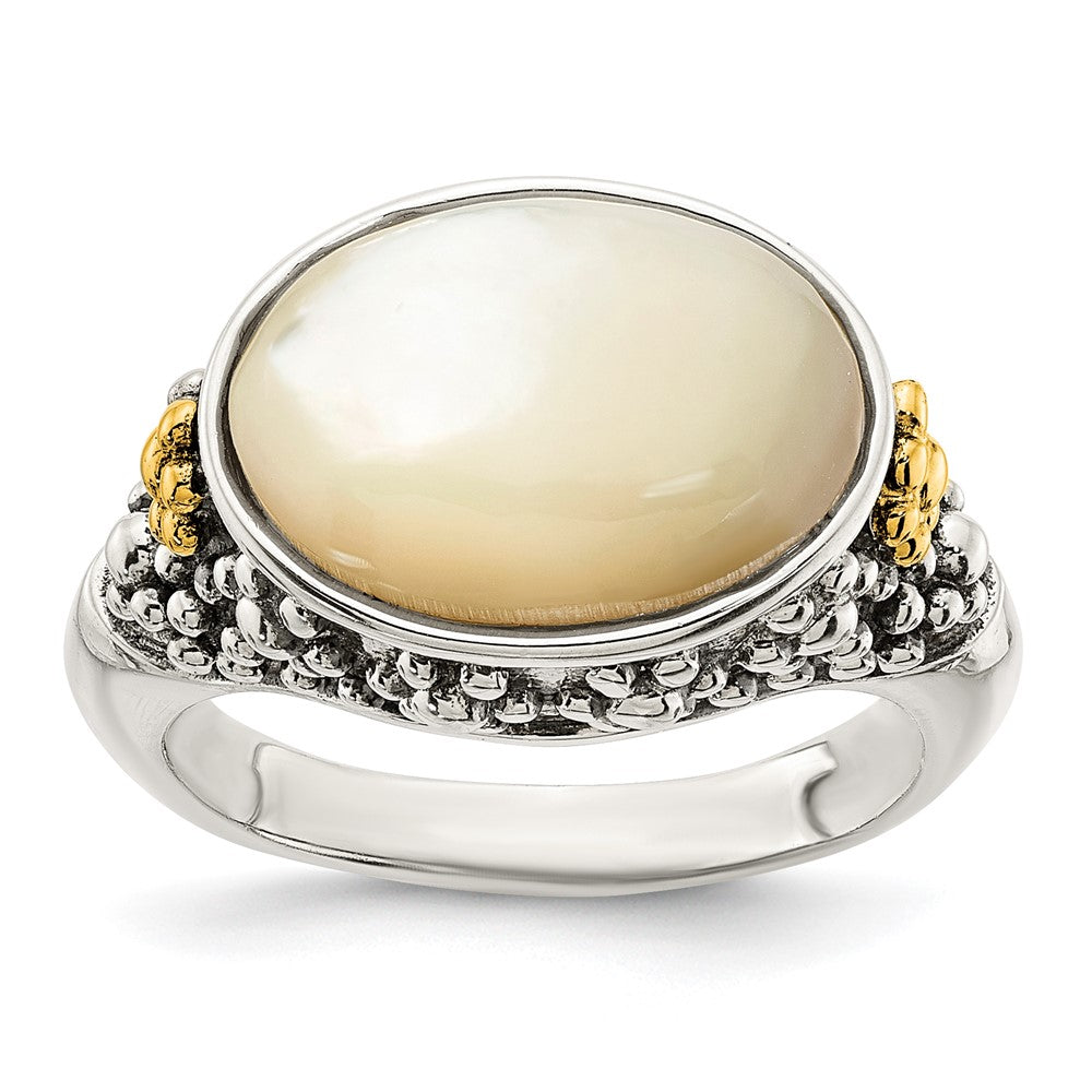 Shey Couture Sterling Silver with 14K Accent Antiqued Floral Oval Mother Of Pearl Ring